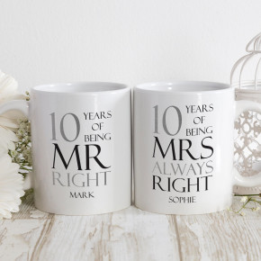 10 Years Mr & Mrs Right Matching Mugs