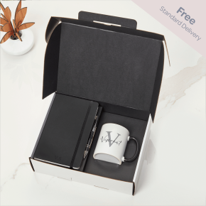 Black Notebook, Pen & Initial Mug Gift Set