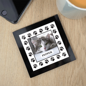 Cat Paw Border Black Glass Photo Coaster 