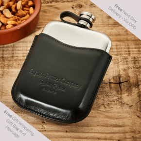 English Pewter 6oz Hip Flask & Black Leather Pouch