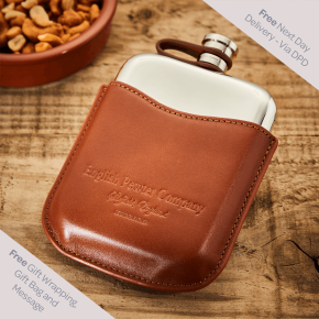 English Pewter 6oz Hip Flask & Tan Leather Pouch