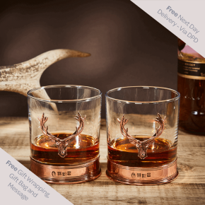 English Pewter Double Copper Stag Head Whisky Glasses Gift Set
