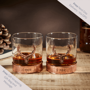 English Pewter Double Majestic Copper Stag Head Whisky Glasses Gift Set