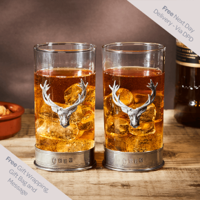 English Pewter Double Stag Head Highball Glasses Gift Set