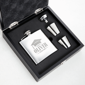 Graduation Cap 6oz Plain Hip Flask Gift Set
