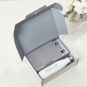 Grey Notebook, Pen & White Water Bottle Gift Set