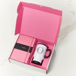 Pink Castelli Notebook, Pen & White Travel Mug Gift Set