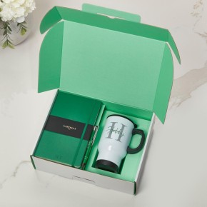 Green Castelli Notebook, Pen & White Travel Flask Mug With Black Handle Gift Set