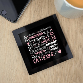 Love Word Cloud Black Glass Coaster