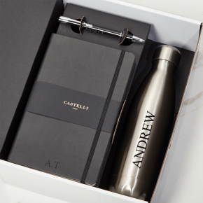 Black Castelli Notebook, Pen & Steel Water Bottle Gift Set