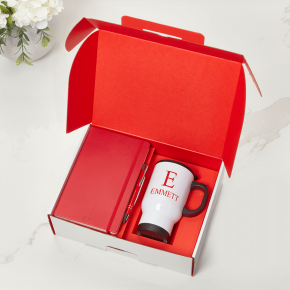 Red Notebook, Pen & White Travel Mug Gift Set