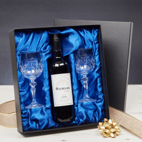 Ornate Frame Couples Names Goblet Gift Set With Bottle Of Red Wine
