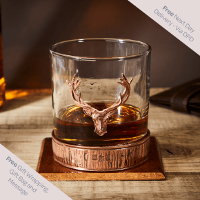 English Pewter Copper Majestic Stag Head Glass Whisky Tumbler