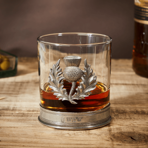 English Pewter Scottish Thistle Glass Whisky Tumbler