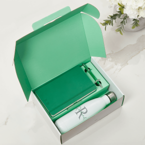 Green Notebook, Pen & White Water Bottle Gift Set