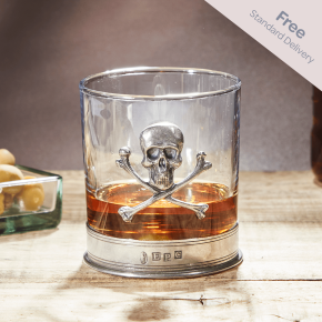 English Pewter Skull & Crossbones Glass Whisky Tumbler