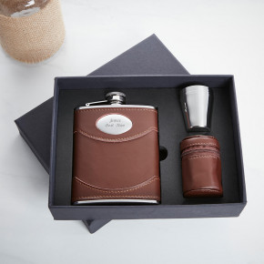 6oz Brown Leather Hip Flask & Cups