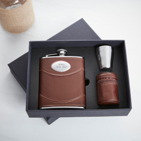  6oz Brown Leather Hip Flask & Cups