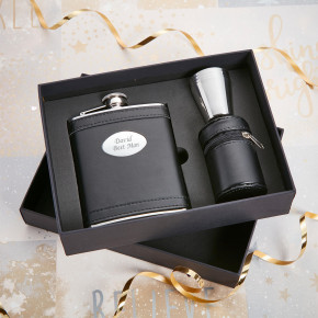 6oz Black Leather Hip Flask & Cups