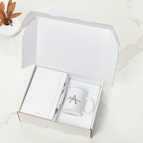 White Notebook, Pen & Initial Mug Gift Set