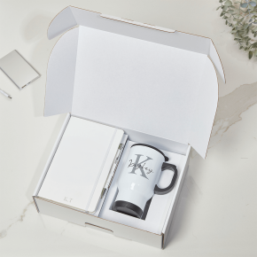 White Notebook, Pen & White Travel Mug Gift Set