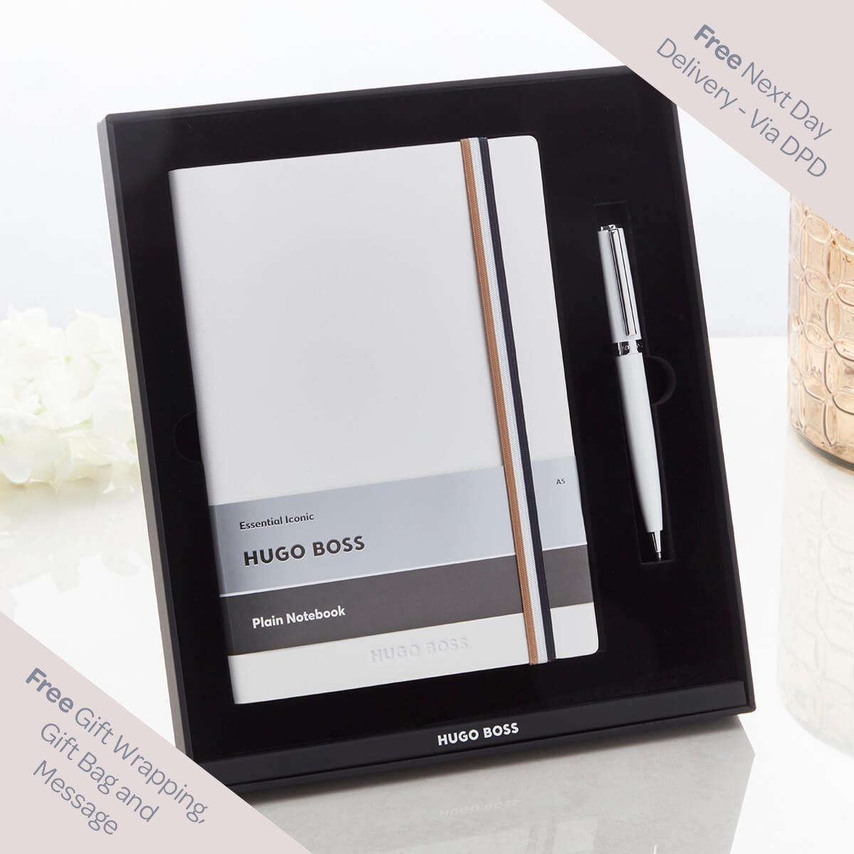 Personalised Essential Iconic Hugo Boss A5 Notebook & White Pen Set ...