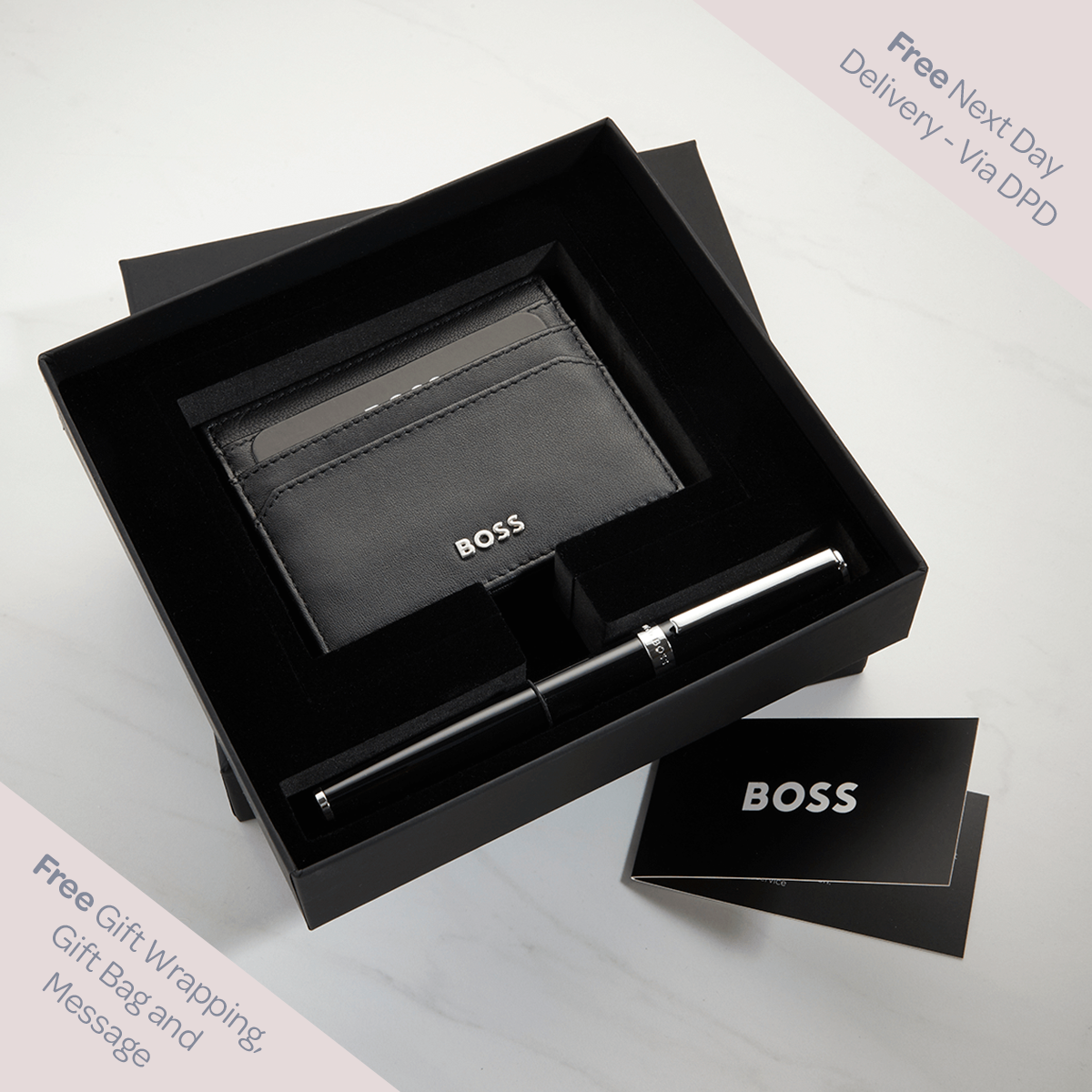 Personalised Hugo Boss Black Card Holder Rollerball Pen Gift Set