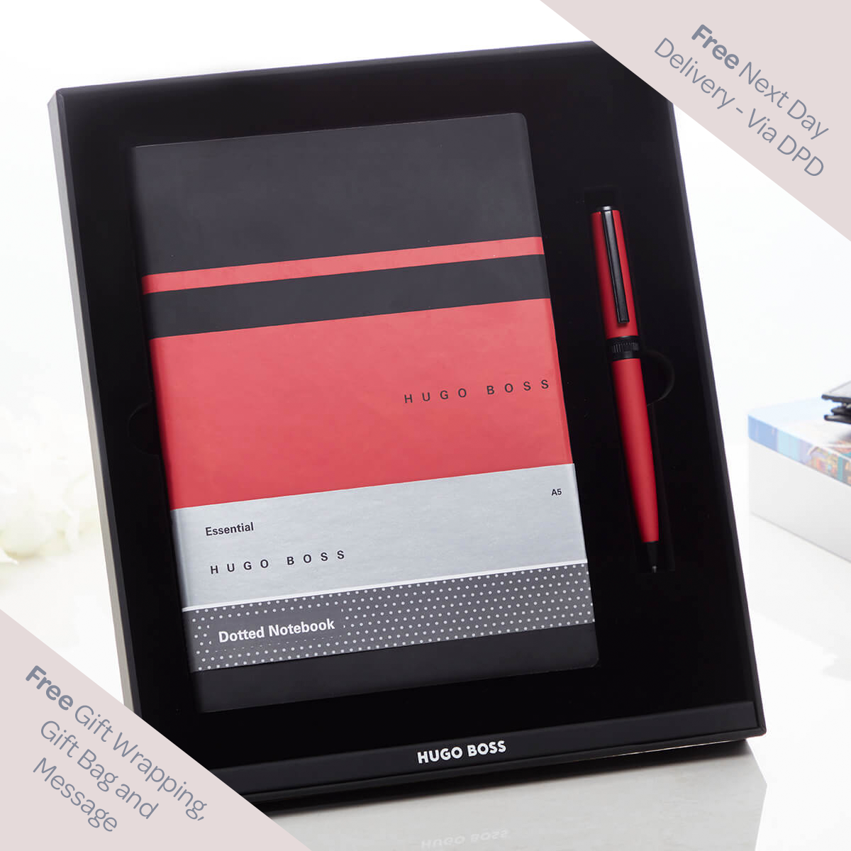 Personalised Hugo Boss Set Red Ballpoint Pen A5 Notebook