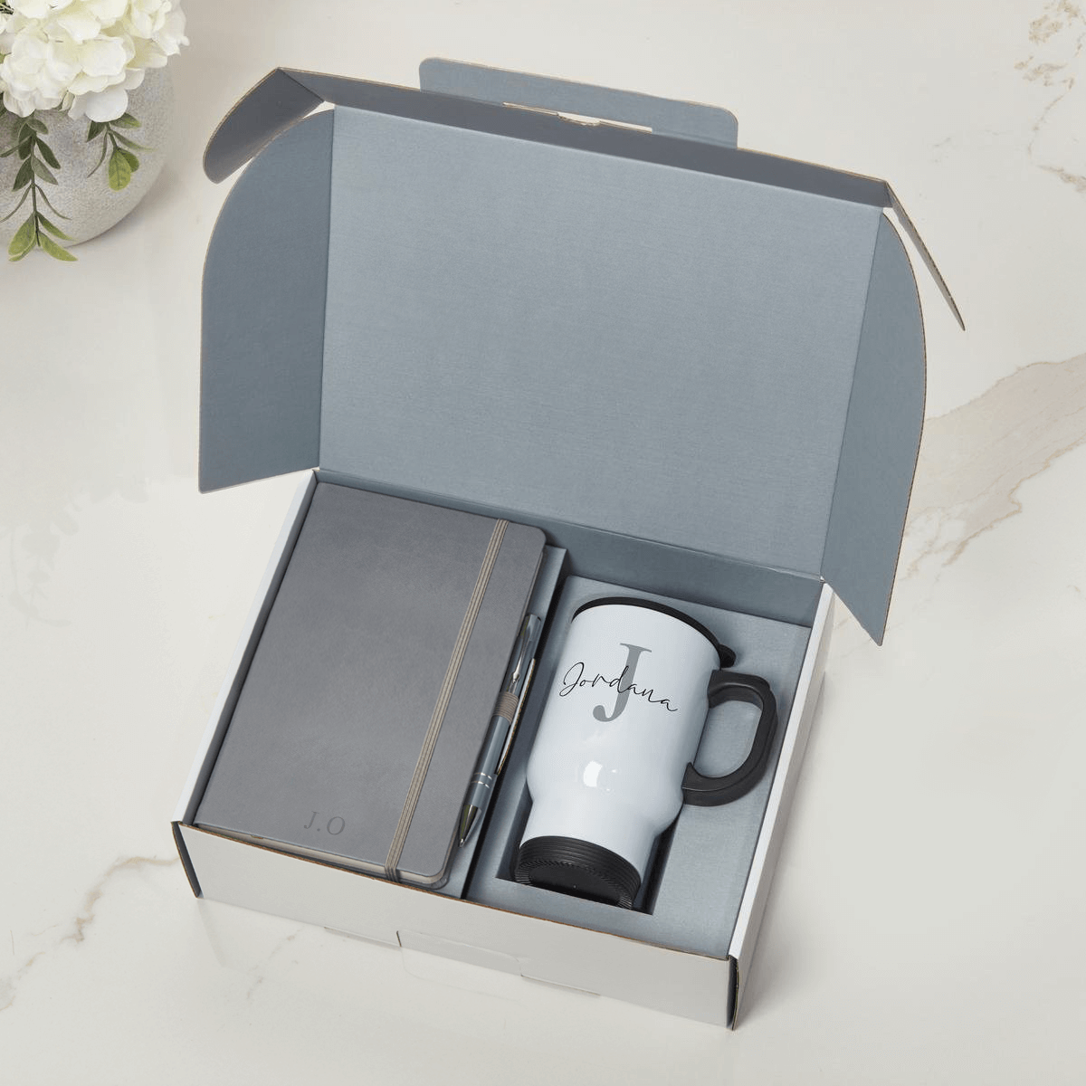 Personalised Grey Notebook, Pen & White Travel Mug Gift Set - Boutique ...